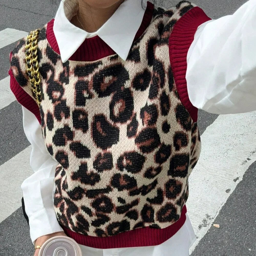 Multicolor Casual Women's Leopard Print Knit Sweater Vest